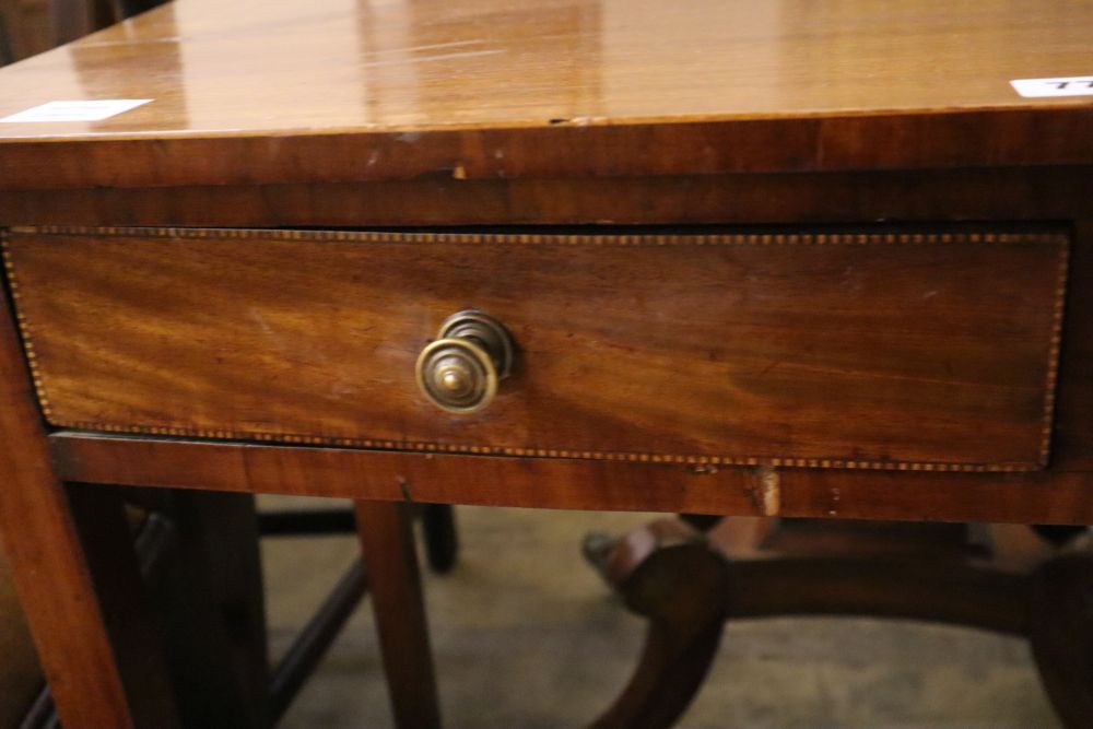 A Georgian inlaid mahogany bow front two drawer side table, width 82cm, depth 45cm, height 78cm